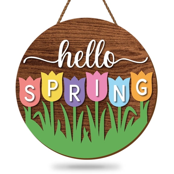 12 inches Hello Spring Wooden Hanging Sign Rustic Tulip Flower Front Door Hanger Sign Farmhouse Floral Wood Welcome Wreath for Indoor Outdoor Home Porch Window Decor