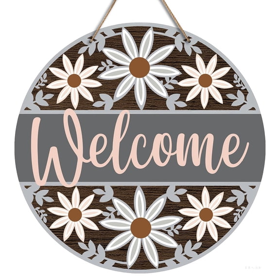 12 inches Welcome Flower Pattern Sign - Round Floral Front Door Hanger - Rustic Seasonal Wooden Hanging Decorations for Indoor Outdoor Home Porch Window Wall Hanging Decor