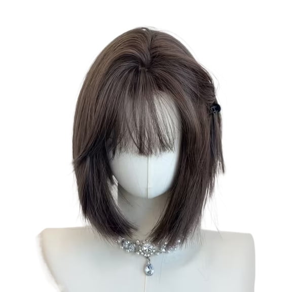 12 inches black brown full bangs bob wig | Sweet Korean girl style | Must-have for Halloween parties | Comfortable and breathable full head wig