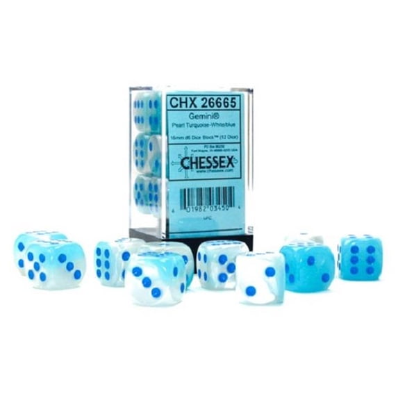 12 mm D6 Cube Gemini Luminary Pearl Turquoise & White Dice, Pack of 36