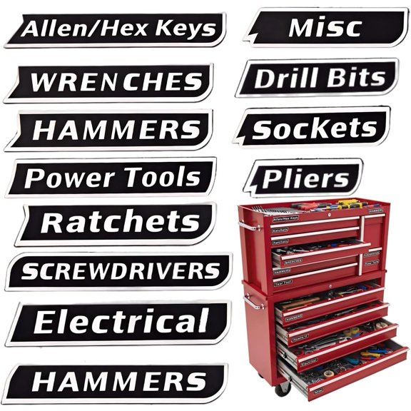 12 of Toolbox Labels,-Printed Tool Box Labels,General Tool Box Organize Accessories, Tags,for Toolboxes, Carts, Drawers, and Cabinets (Black)