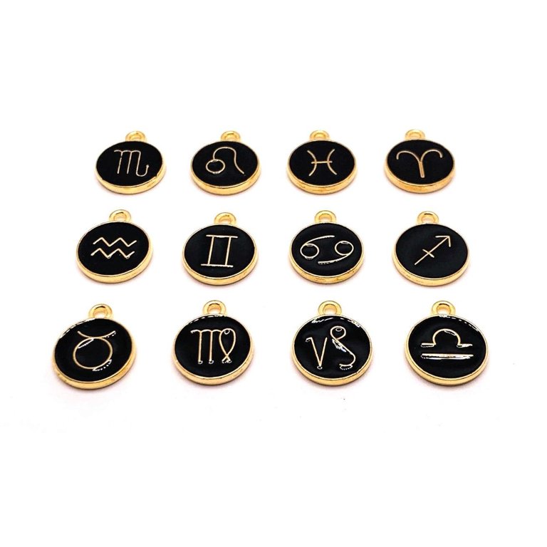 12 or 60 Pieces: Black Enamel and Gold Zodiac/Astrology Charms