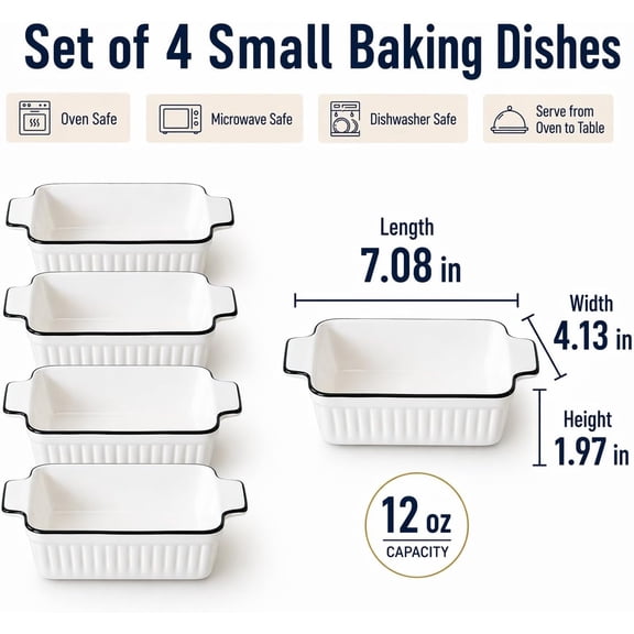 12-ounce casserole dish, ceramic baking dish set of four, with handle small casserole dish, porcelain baking set, 5-inch rectangular baking dish for casseroles, cakes, dishwasher and oven safe