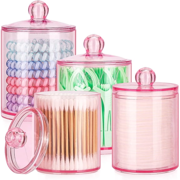 12 oz & 10 oz Qtip Holder - 4 Pack Restroom Bathroom Organizers and Storage Containers, Pink Plastic Apothecary Jars with Lids for Cotton Swab, Cotton Round Pads, Floss