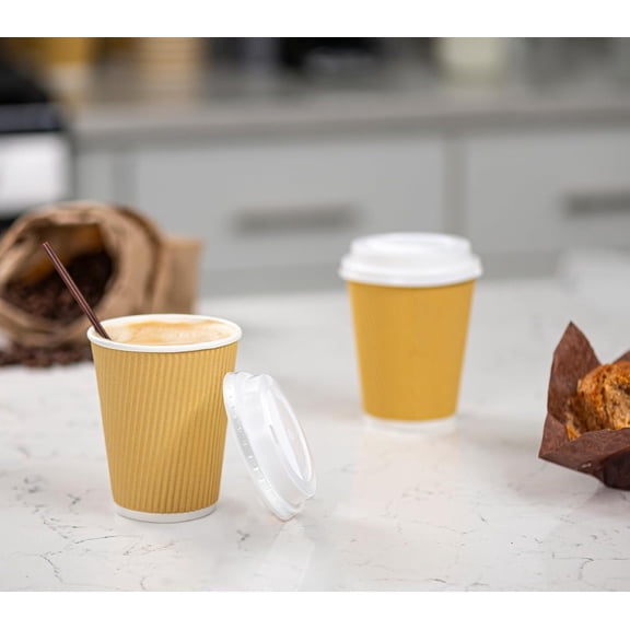 [12 oz. - 100 Count Insulated Kraft Ripple Paper Hot Cups, Disposable Coffee Cups With Lids - Ideal for Hot Beverages, Travel, and Office Use (Formerly Comfy Package)