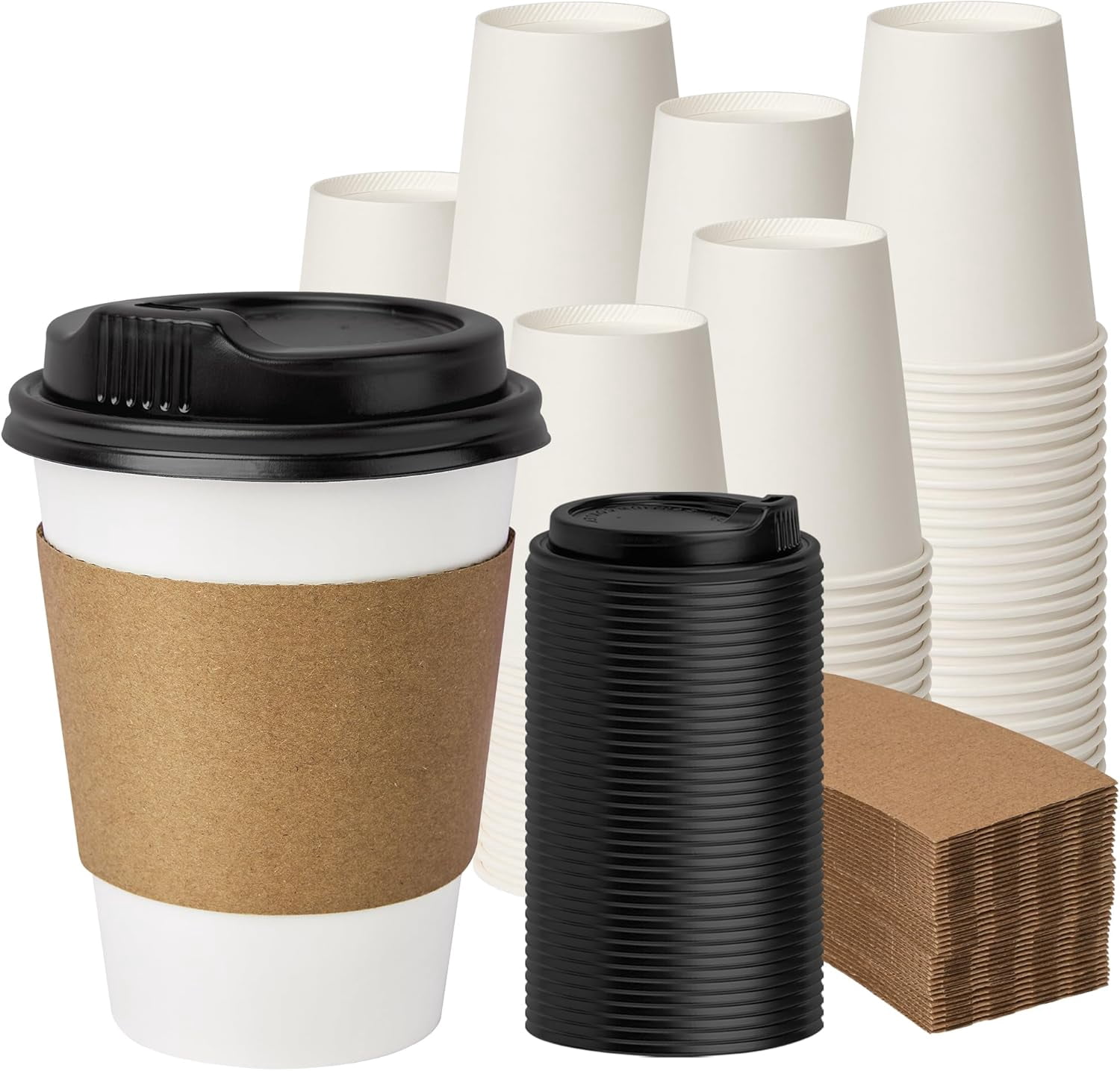 12 oz 100 Pack Disposable Coffee Cups with Lids and Sleeves, Coffee ...