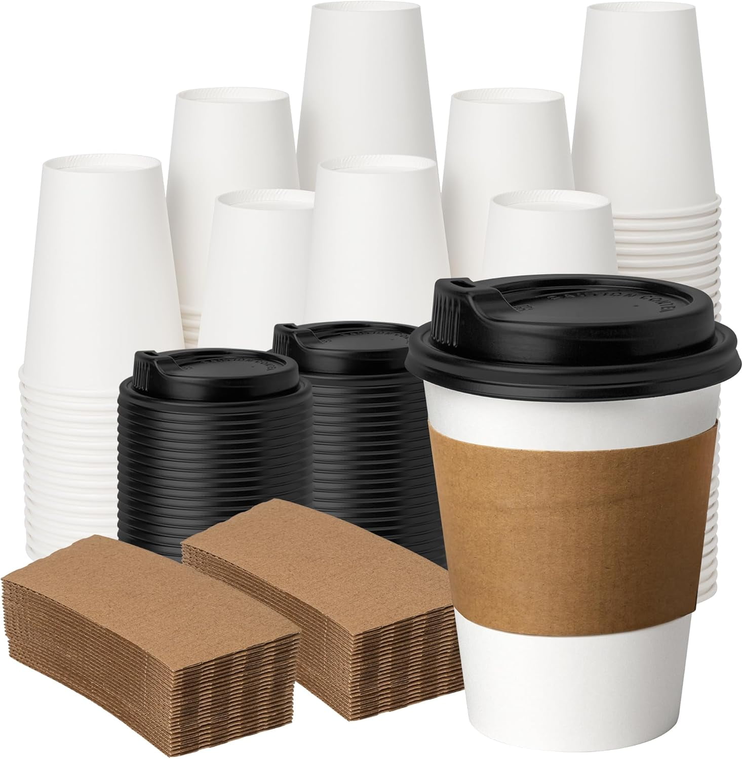 12 oz 100 Pack Disposable Paper Coffee Cups with Lids & Sleeves, To Go ...