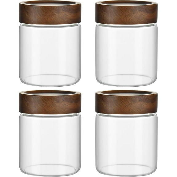 12 oz/350 ml Clear Glass Storage Canister with Airtight Wooden Lid, 4 Pack Small Overnight Oats Containers, Cute Decorative Salad Jar for Snacks Yogurt Spice Sugar Cereal Fruit Coffee Tea