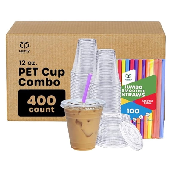 [12 oz. -,Case of 400 Plastic Cups With Flat Lids & Jumbo Smoothie Straws