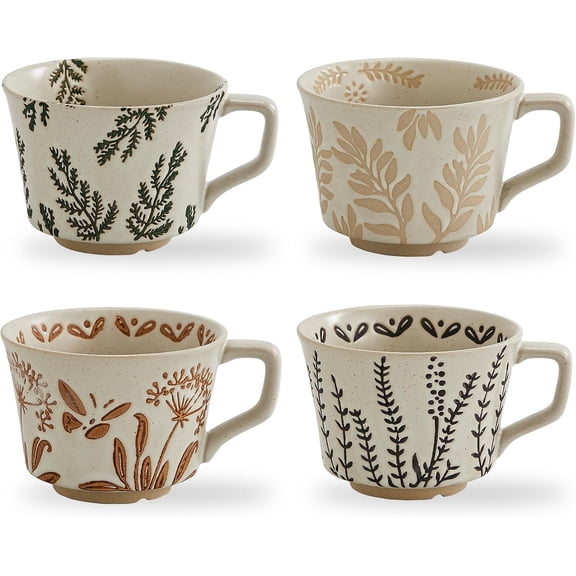 12 oz Ceramic Coffee Mug Set of 4 - Stoneware Pottery Countryside Fall Autumn Mugs with Big Handle for Latte,Cocoa,Dishwasher & Microwave Safe Cups ()