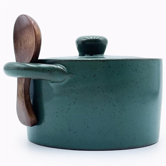 12 oz Ceramic Salt Cellar with Lid & Wooden Spoon,Countertop Salt Container,Sugar Bowl,Spices Jar| Artisan Kitchen Decor