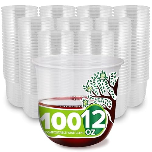 12 oz Clear Commercially Compostable Wine Cups (100 Pack) Plant Based Eco Party Cup, Environmentally Friendly Recyclable Disposable Sustainable for Water, Wine & Beer, Stemless Wine Cups