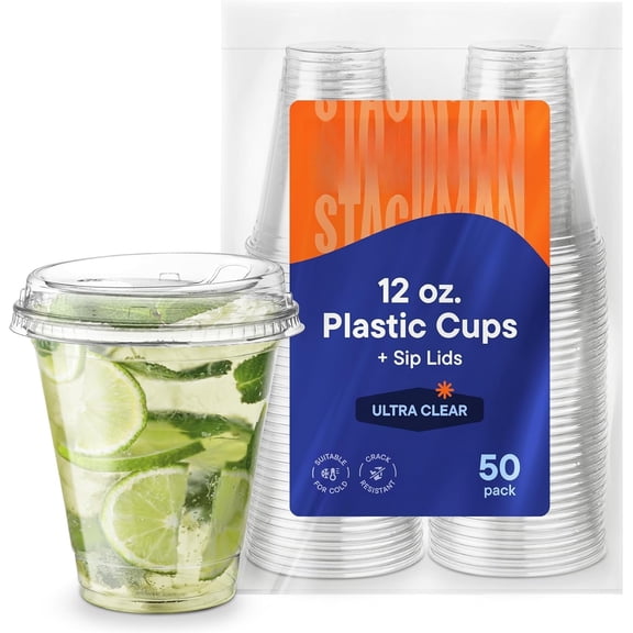 12 oz Clear  Cups with Strawless Sip- [50 Sets] PET  Clear Disposable 16oz  Cups with  -  Clear, Durable Cup -  + Crack Resistant, for Coffee, Juice, Shakes