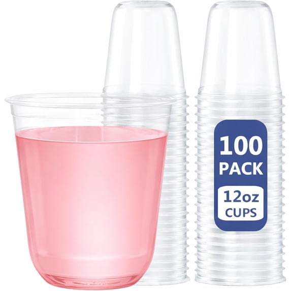 12 oz Clear Plastic Cups, 100 Pcs Disposable Wine Glasses Stemless Cocktail Punch Cups for Cold Drinking Wedding Party Supplies Valentine's Day