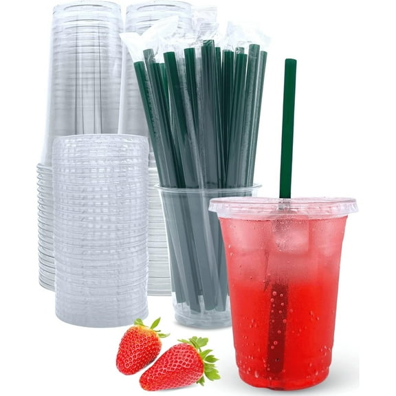 12 oz Clear Plastic Cups with Lids and STRAWS, Disposable Drinking Cups for Cold Drinks, Iced Coffee, Milkshakes, Smoothies, 25 Sets