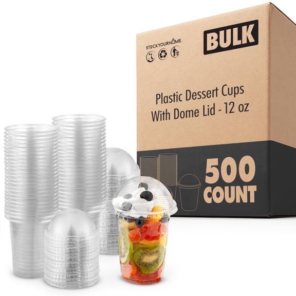 12 oz Clear Plastic Dessert Cups with Lids (Set of 500) Small Disposable Parfait Cup, Dome Lid - No Hole, 12-Ounce Party Fruit Containers, Banana Pudding Bowl, Jello, Ice Cream, Desserts Container