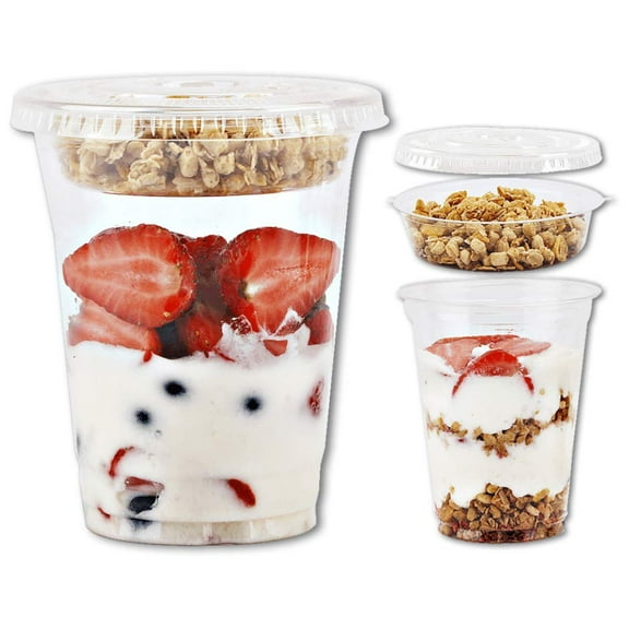 12 oz Clear Plastic Parfait Cups with Insert 3.25oz & Flat Lids No Hole - (20 Sets) Yogurt Fruit Parfait Cups for Kids, for Dips and Veggies, Take Away Breakfast and Snacks. No Leaking