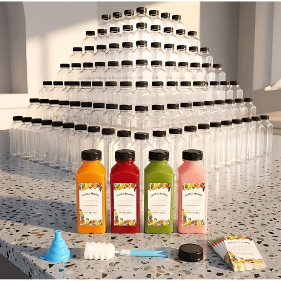 12 oz Clear Square Plastic Juice Bottles with Tamper Evident Caps, 200 Pack Leakproof PET Drinkware Set for Juices, Teas and Dairy Drinks