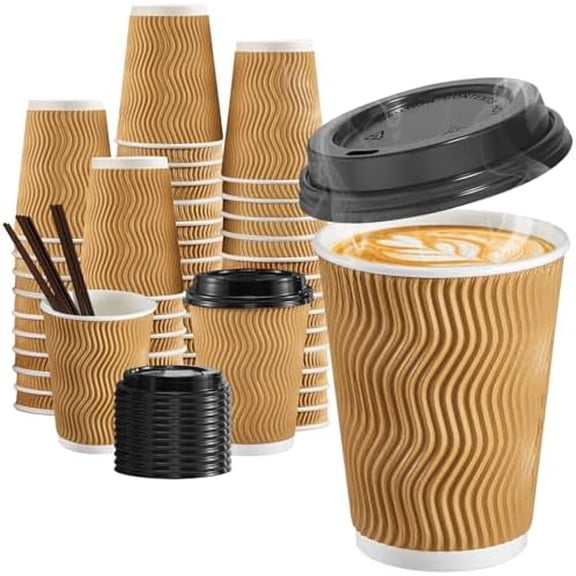 12 oz Coffee Cups-90 Pack Disposable Coffee Cups with Lids and Straws, Insulated Ripple Wall To Go Paper Coffee Cup for Coffee, Hot Chocolate and Hot Tea Drinks - Champagne