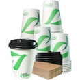 thumbnail image 1 of 12 oz Compostable Paper Cups with Black Dome Lids and Sleeves - Biodegradable Disposable White Paper Coffee Cups PLA Lined - Eco-friendly Hot and Cold Drinking Cups (300), 1 of 4