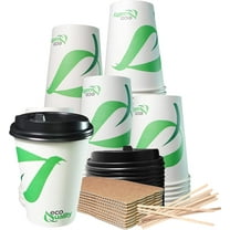 12 oz Compostable Paper Cups with Black Dome Lids, Sleeves and Wooden Stirrers - Biodegradable Disposable White Paper Coffee Cups PLA Lined - Eco-friendly Hot and Cold Drinking Cups (25)