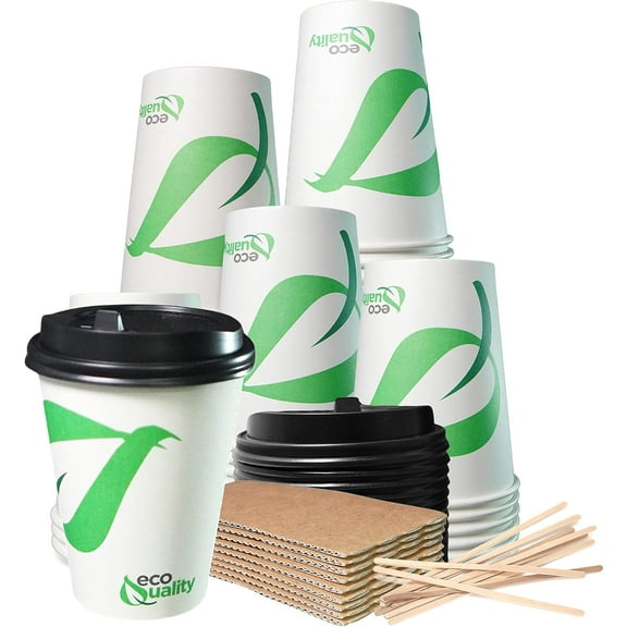 12 oz Compostable Paper Cups with Black Dome Lids, Sleeves and Wooden Stirrers - Biodegradable Disposable White Paper Coffee Cups PLA Lined - Eco-friendly Hot and Cold Drinking Cups (25)