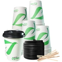 12 oz Compostable Paper Cups with Black Dome Lids and Wooden Stirrers - Biodegradable Disposable White Paper Coffee Cups PLA Lined - Eco-friendly Hot and Cold Drinking Cups (25)