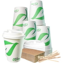 12 oz Compostable Paper Cups with White Dome Lids, Sleeves and Wooden Stirrers - Biodegradable Disposable White Paper Coffee Cups PLA Lined - Eco-friendly Hot and Cold Drinking Cups (25)