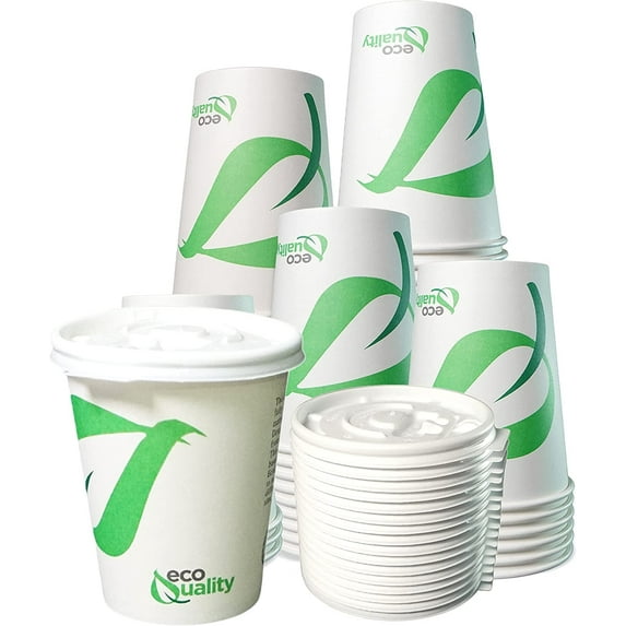 12 oz Compostable Paper Cups with White Flat Lids - Biodegradable Disposable White Paper Coffee Cups PLA Lined - Eco-friendly Hot and Cold Drinking Cups (50)