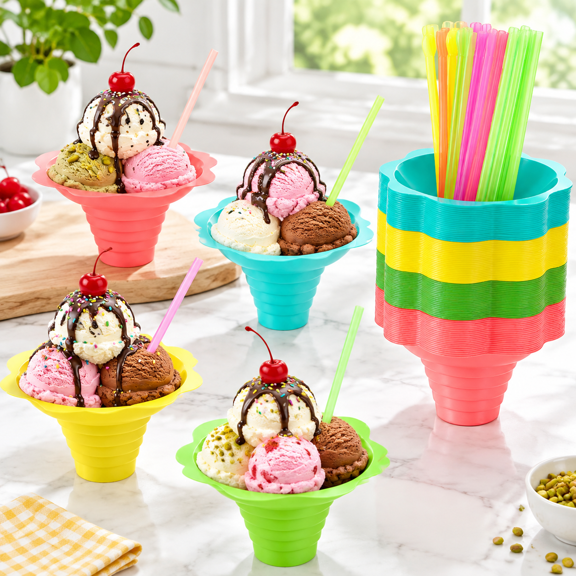 12 oz Cone Snow Cone Cups with Spoons, Reusable Plastic for Frozen Drinks and Parties