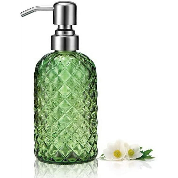 12 oz Diamond Stripe Glass Soap Dispenser, 304 Rust Proof Glass Soap Dispenser, Glass Bottle Soap Dispenser with Pump; Restroom Soap Dispenser