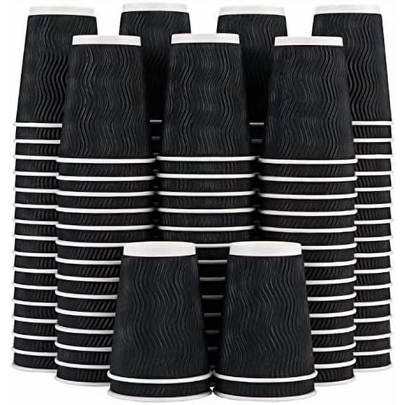 12 oz Disposable Coffee Cups - 120 Pack, Insulated Corrugated Paper Cups 12 oz, Kraft Ripple Wall Cups for Hot Beverage or Cold Drinks Office/Home/Party/Travel/Cafe (Black)