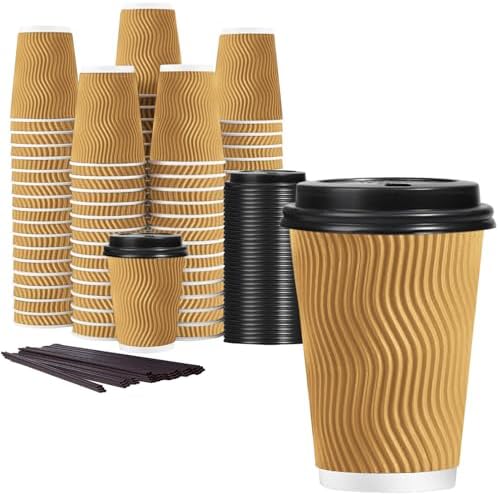 12 oz Disposable Coffee Cups with Lids, 50 Pack Insulated Hot Cups To ...