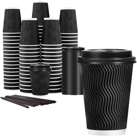 12 oz Disposable Coffee Cups with Lids, 50 Pack Insulated Hot Cups To Go Paper Coffee Cups with Lids and Straws, Corrugated Ripple Wall Cup for Hot Drink, Office, Coffee Bar (Black)