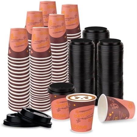 12 oz Disposable Paper Coffee Cafe Cups & Plastic Dome Lids with Hole BPA FREE