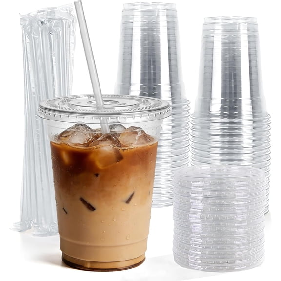 12 oz Disposable Plastic Cups, Clear Iced Coffee Cups with and Straws, Sturdy and -Safe Plastic Cups with , Portable Clear Drink Cups for Parties, Events, and Offices (500-Pack)