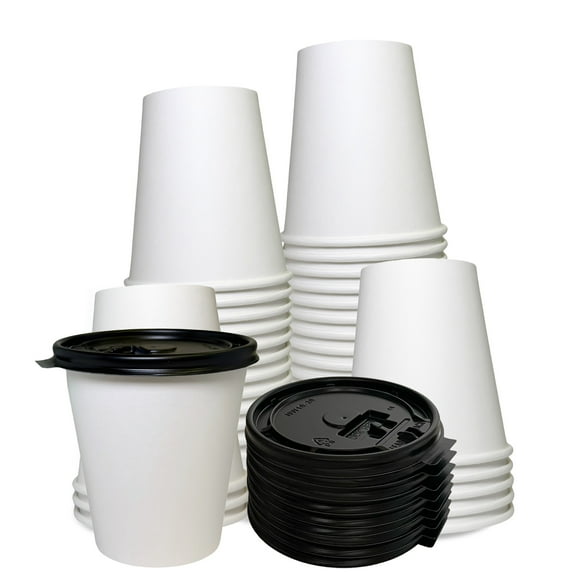 12 oz Disposable White Paper Coffee Cups with Black Flat Lids, Recyclable Hot/Cold Beverage Paper Drinking Cups with Lids for Tea, Water, Coffee, Travel, Picnic, Breakroom, Office (100 Pack)