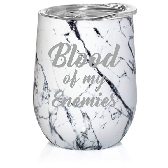 12 oz Double Wall Vacuum Insulated Stainless Steel Marble Stemless Wine Tumbler Glass Coffee Travel Mug With Lid Blood Of My Enemies (Black White Marble)