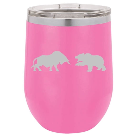 12 oz Double Wall Vacuum Insulated Stainless Steel Stemless Wine Tumbler Glass Coffee Travel Mug With Lid Bull Vs Bear Stock Market Day Trader (Hot Pink)