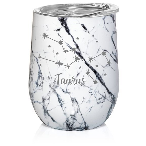 12 oz Double Wall Vacuum Insulated Stainless Steel Stemless Wine Tumbler Glass Coffee Travel Mug With Lid Horoscope Constellation (Black White Marble) (Taurus)