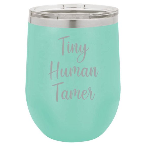 12 oz Double Wall Vacuum Insulated Stainless Steel Stemless Wine Tumbler Glass Coffee Travel Mug With Lid Tiny Human Tamer Funny Preschool Teacher Daycare (Teal)