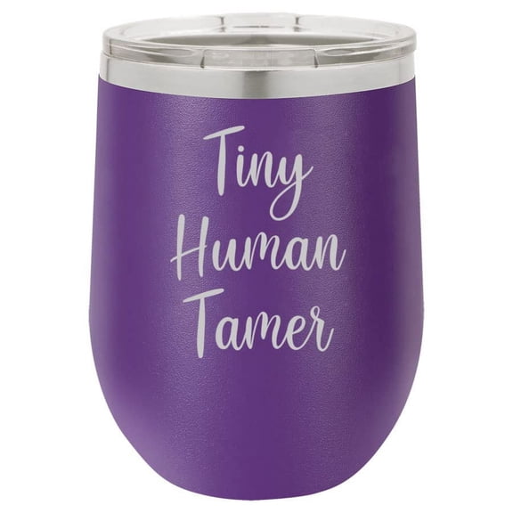 12 oz Double Wall Vacuum Insulated Stainless Steel Stemless Wine Tumbler Glass Coffee Travel Mug With Lid Tiny Human Tamer Funny Preschool Teacher Daycare (Purple)