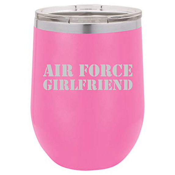 12 oz Double Wall Vacuum Insulated Stainless Steel Stemless Wine Tumbler Glass Coffee Travel Mug With Lid Air Force Girlfriend (Hot Pink)