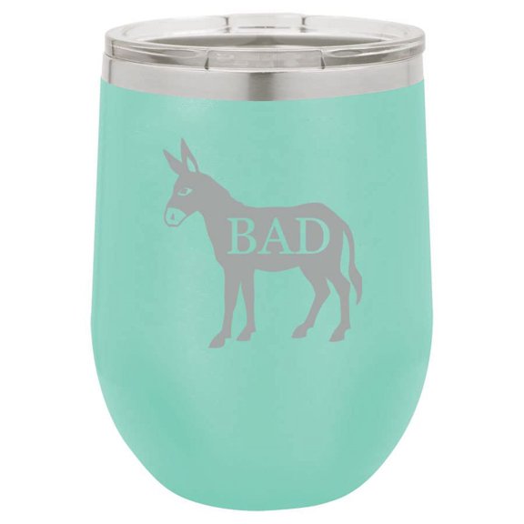 12 oz Double Wall Vacuum Insulated Stainless Steel Stemless Wine Tumbler Glass Coffee Travel Mug With Lid Bad Ass Donkey Funny (Teal)