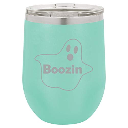 12 oz Double Wall Vacuum Insulated Stainless Steel Stemless Wine Tumbler Glass Coffee Travel Mug With Lid Boozin Ghost Funny Halloween (Teal)