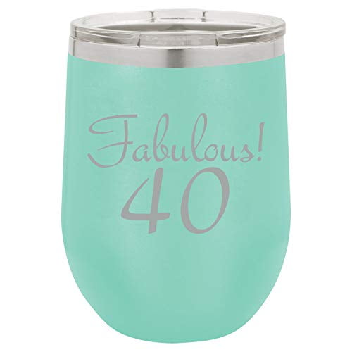 12 oz Double Wall Vacuum Insulated Stainless Steel Stemless Wine Tumbler Glass Coffee Travel Mug With Lid Funny 40th Birthday Fabulous 40 (Teal)