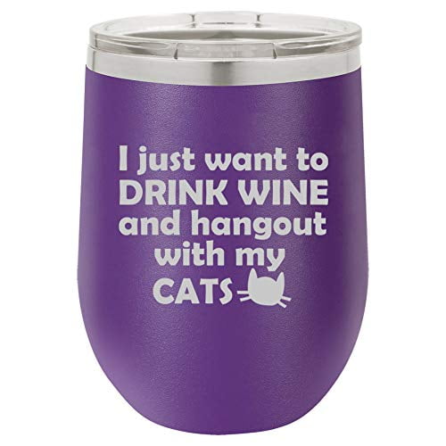 12 oz Double Wall Vacuum Insulated Stainless Steel Stemless Wine Tumbler Glass Coffee Travel Mug With Lid Funny Drink Wine And Hang Out With My Cats (Purple)