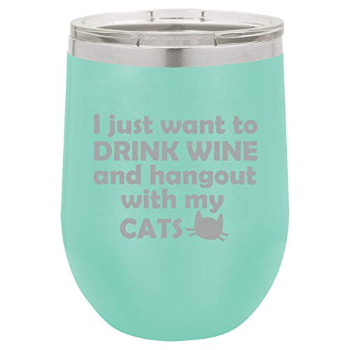 12 oz Double Wall Vacuum Insulated Stainless Steel Stemless Wine Tumbler Glass Coffee Travel Mug With Lid Funny Drink Wine And Hang Out With My Cats (Teal)