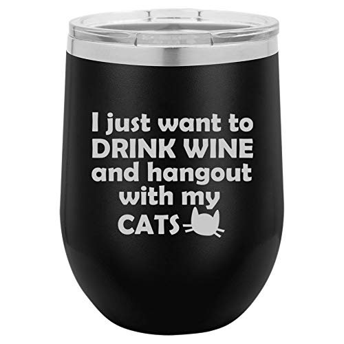 12 oz Double Wall Vacuum Insulated Stainless Steel Stemless Wine Tumbler Glass Coffee Travel Mug With Lid Funny Drink Wine And Hang Out With My Cats