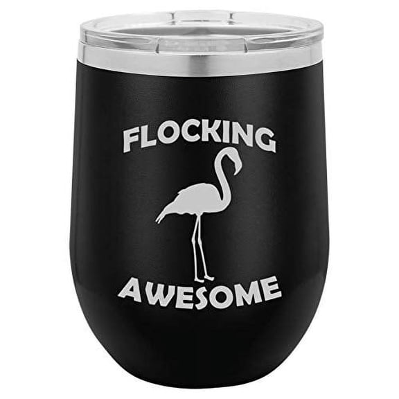 12 oz Double Wall Vacuum Insulated Stainless Steel Stemless Wine Tumbler Glass Coffee Travel Mug With Lid Funny Flamingo Flocking Awesome (Black)